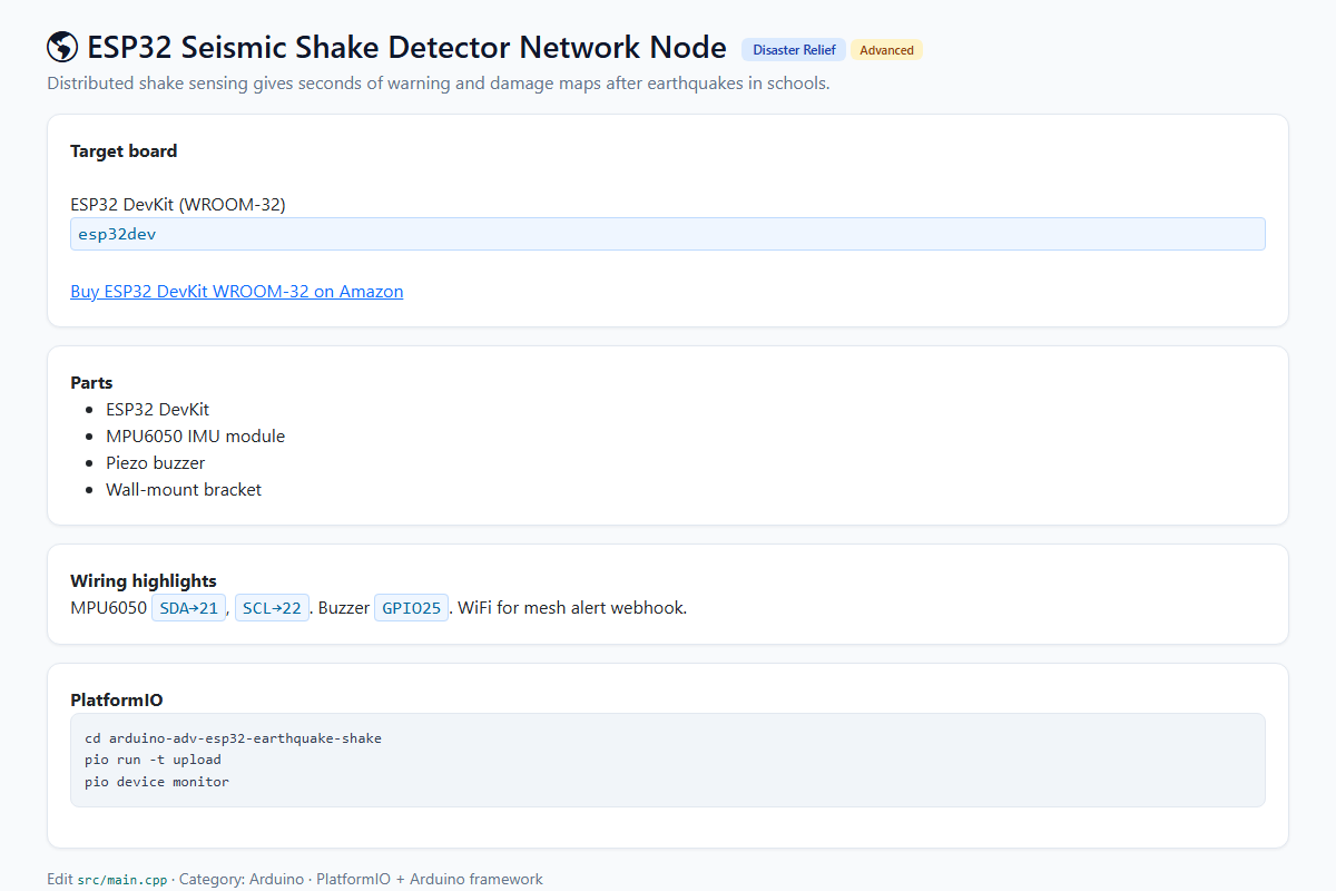ESP32 Seismic Shake Detector Network Node – Arduino / PlatformIO project
