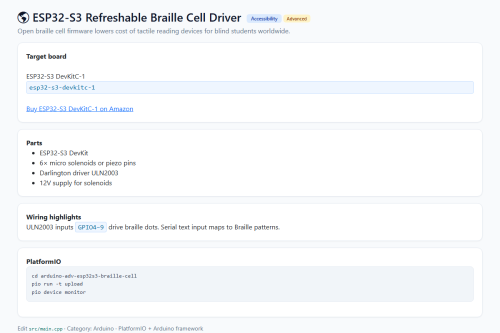 ESP32-S3 Refreshable Braille Cell Driver – WordPress plugin