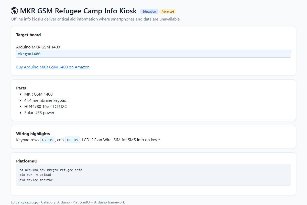 MKR GSM Refugee Camp Info Kiosk – Arduino / PlatformIO project