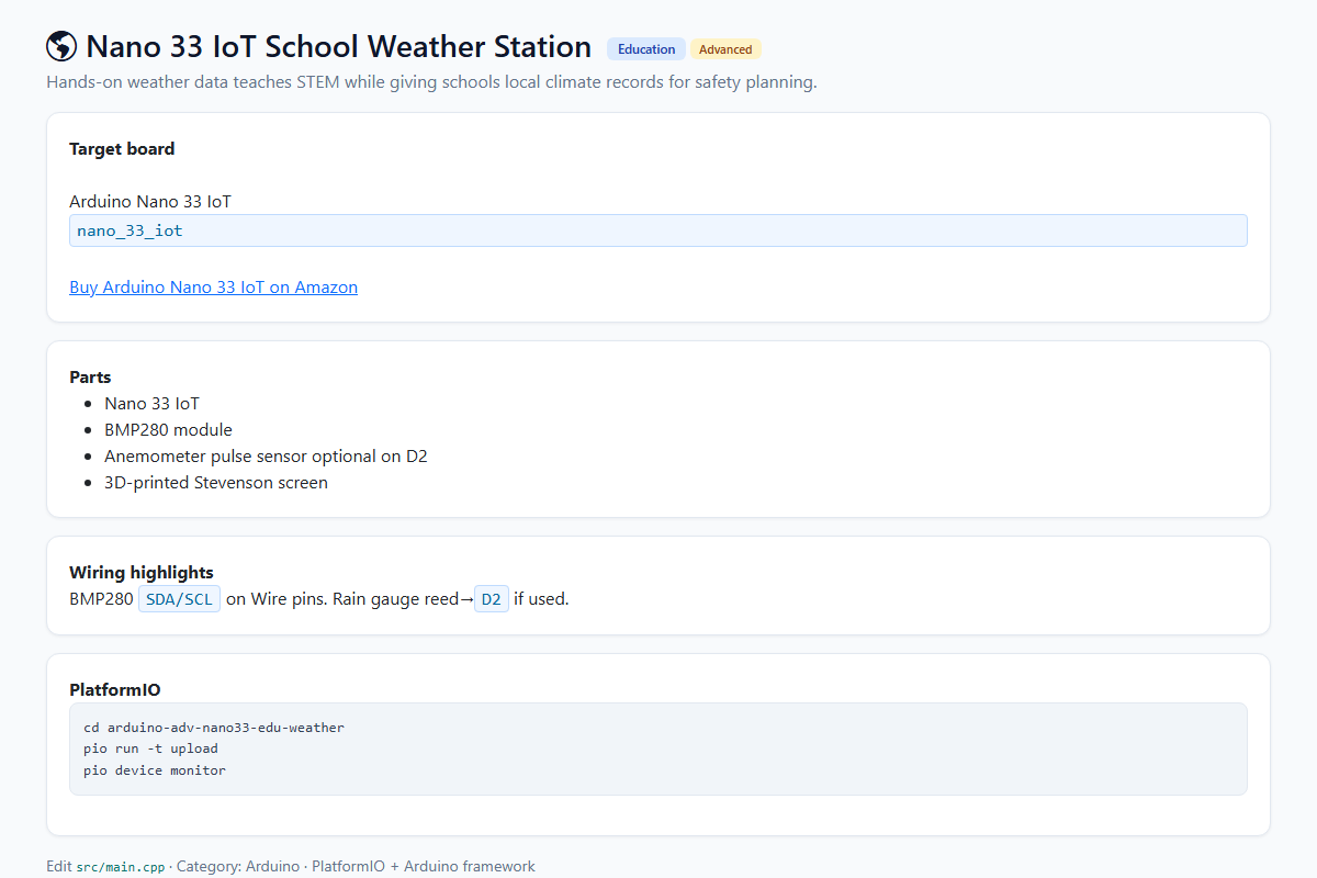 Nano 33 IoT School Weather Station – Arduino / PlatformIO project