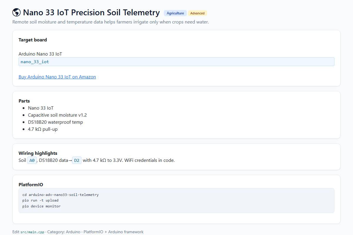 Nano 33 IoT Precision Soil Telemetry – Arduino / PlatformIO project