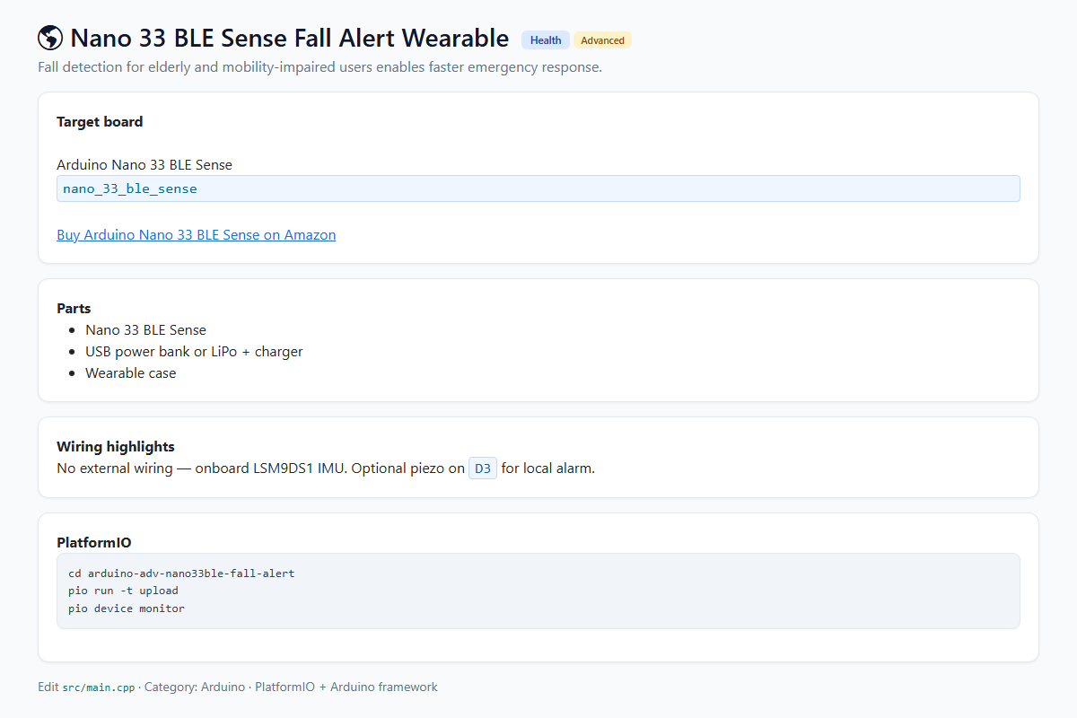 Nano 33 BLE Sense Fall Alert Wearable – Arduino / PlatformIO project