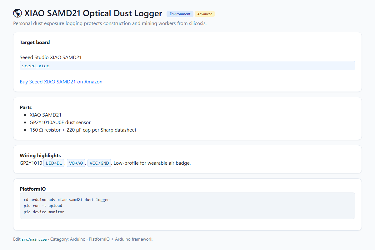 XIAO SAMD21 Optical Dust Logger – Arduino / PlatformIO project