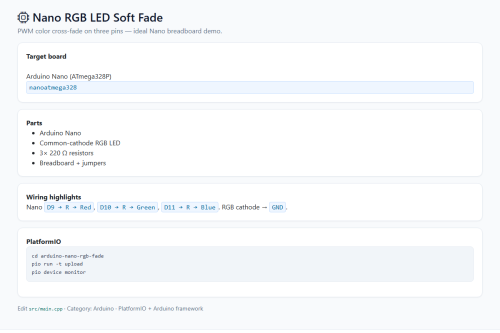 Nano RGB LED Soft Fade – Arduino / PlatformIO project
