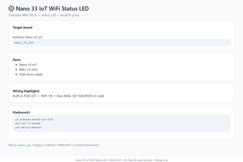 Nano 33 IoT WiFi Status LED – Arduino / PlatformIO project