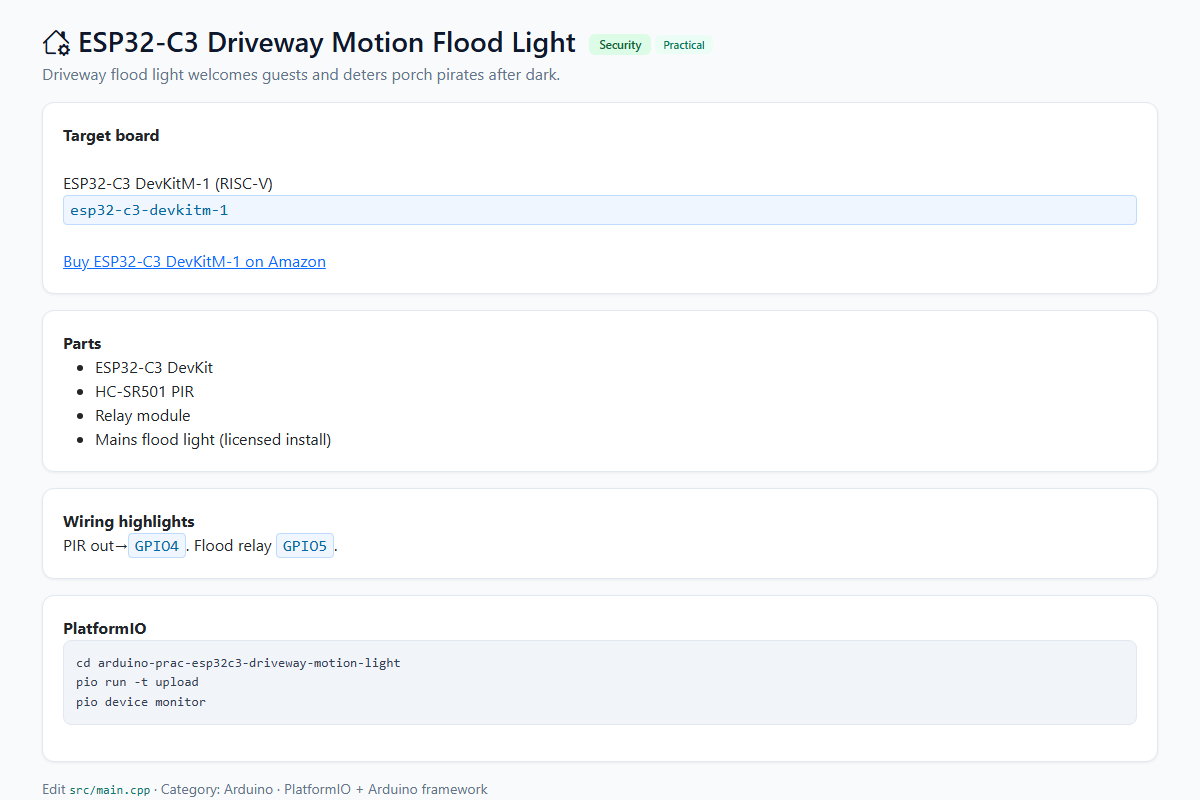 ESP32-C3 Driveway Motion Flood Light – Arduino / PlatformIO project