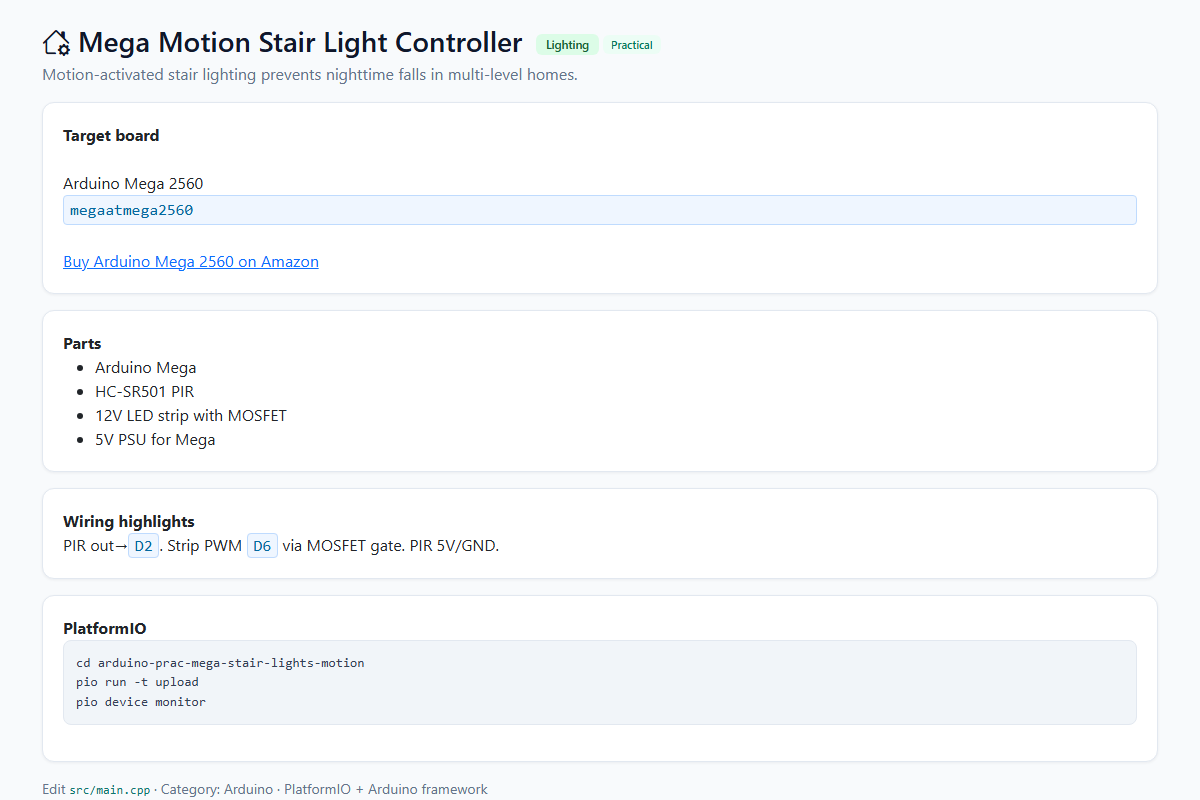 Mega Motion Stair Light Controller – Arduino / PlatformIO project