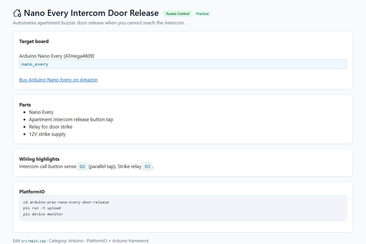 Nano Every Intercom Door Release – Arduino / PlatformIO project