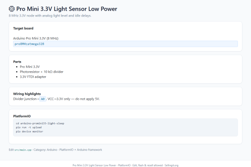 Pro Mini 3.3V Light Sensor Low Power – Arduino / PlatformIO project