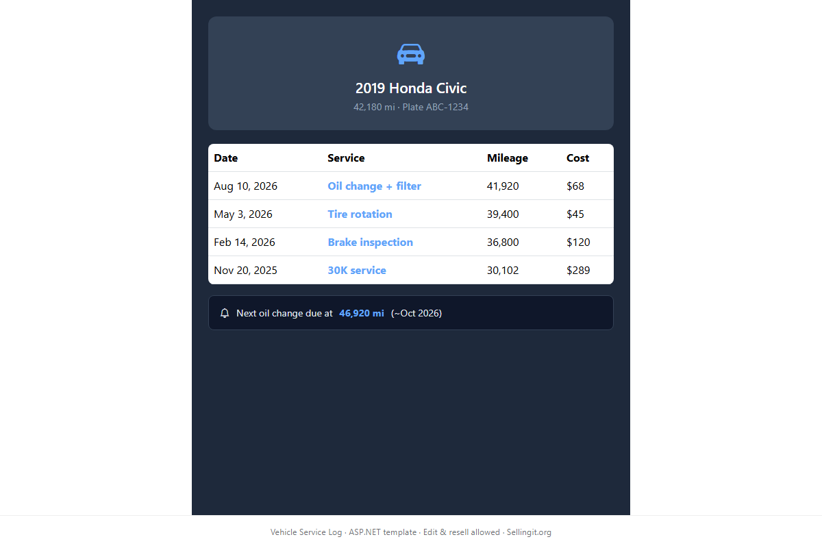 Vehicle Service Log – HTML5 app