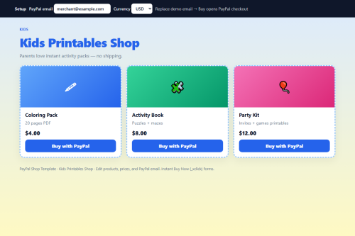 Kids Printables Shop – HTML5 app