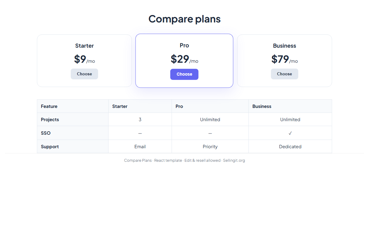 Compare Plans – HTML5 app